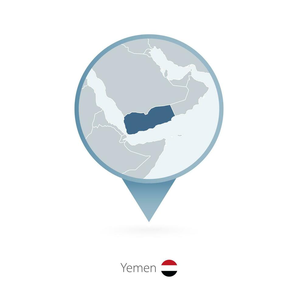 Map pin with detailed map of Yemen and neighboring countries. vector