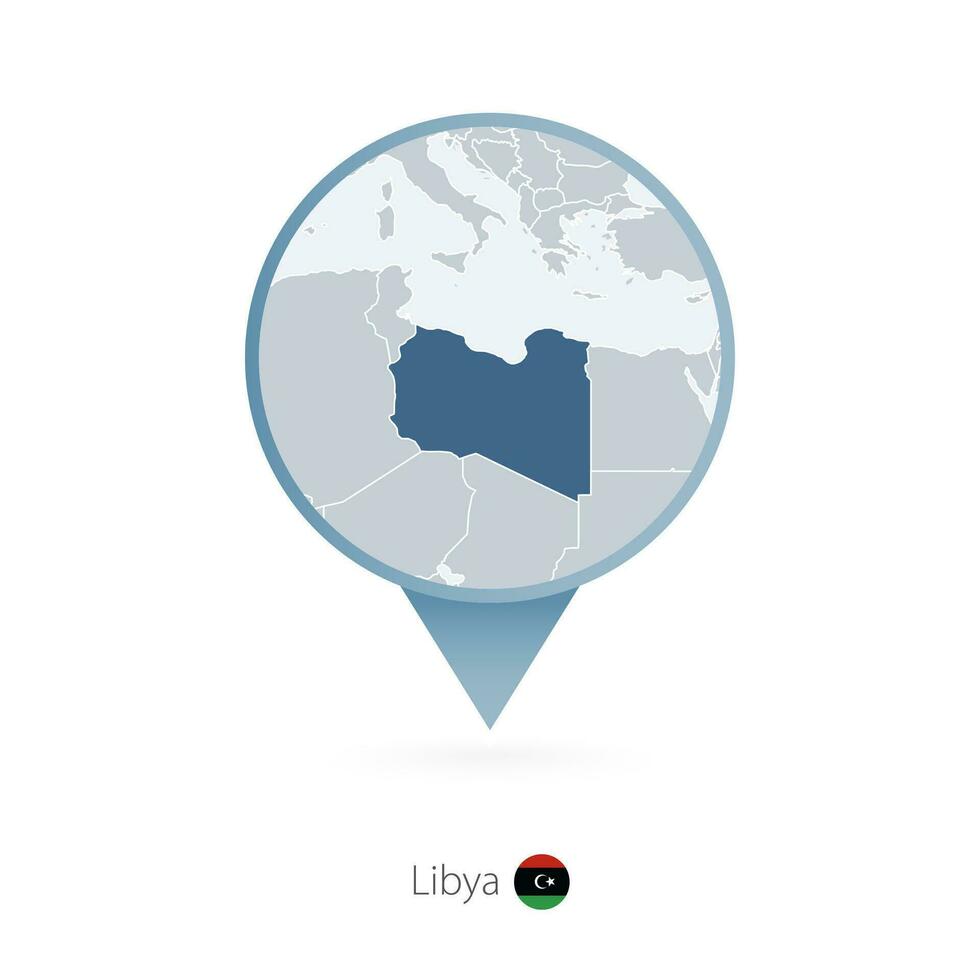 Map pin with detailed map of Libya and neighboring countries. vector