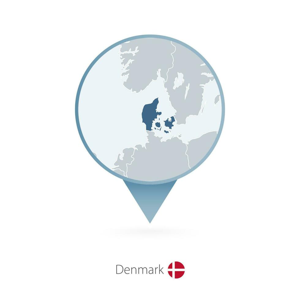 Map pin with detailed map of Denmark and neighboring countries. vector