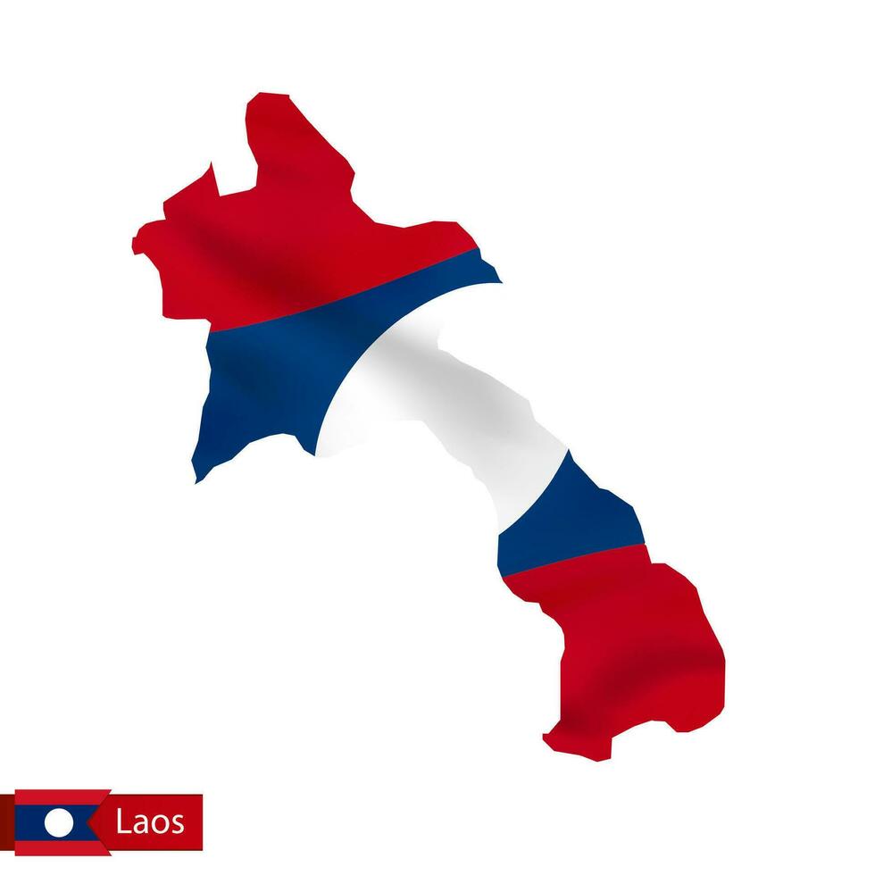 Laos mapa con ondulación bandera de país. vector