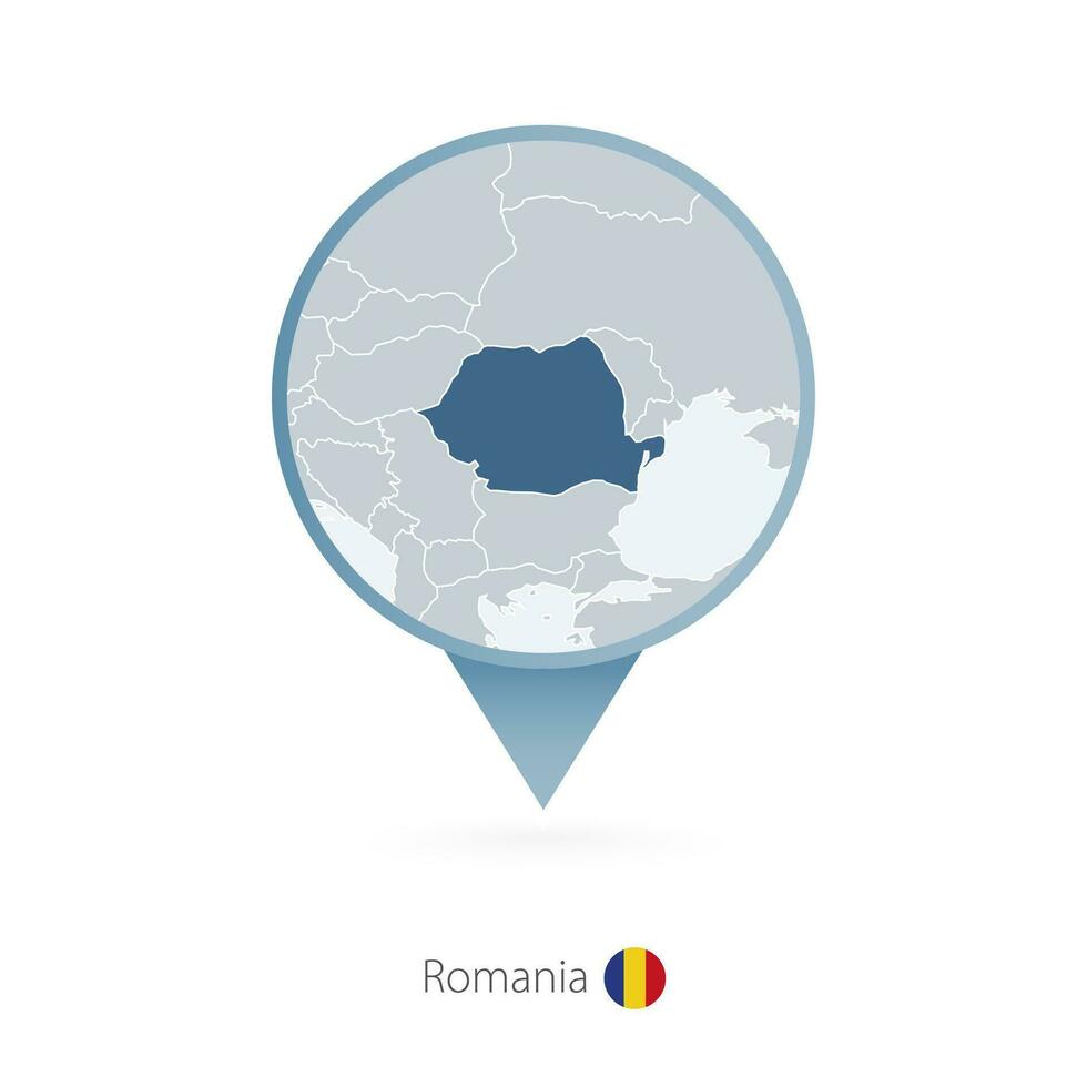 Map pin with detailed map of Romania and neighboring countries. vector