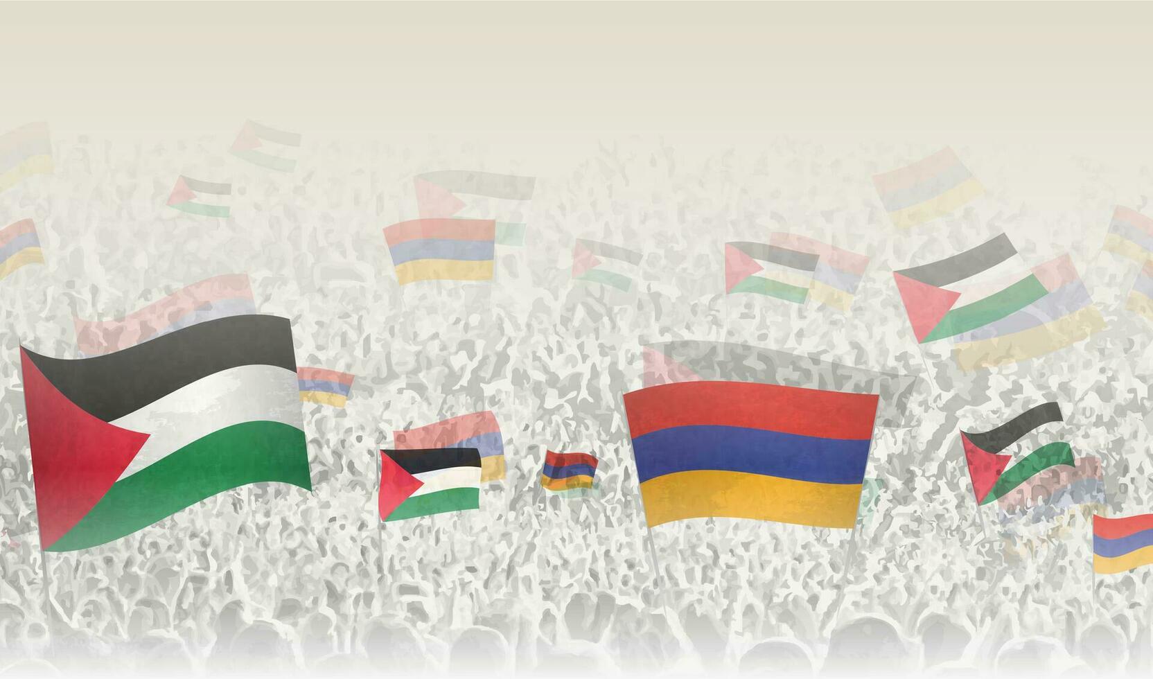 Palestine and Armenia flags in a crowd of cheering people. vector