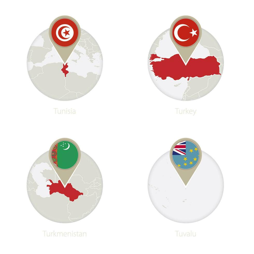 Tunisia, Turkey, Turkmenistan, Tuvalu map and flag in circle. vector
