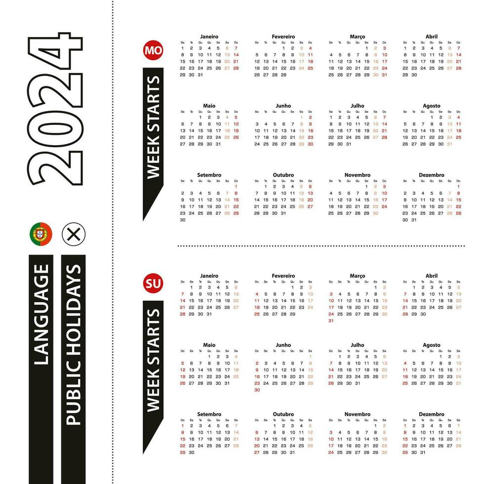Two versions of 2024 calendar in Portuguese, week starts from Monday and week starts from Sunday. vector