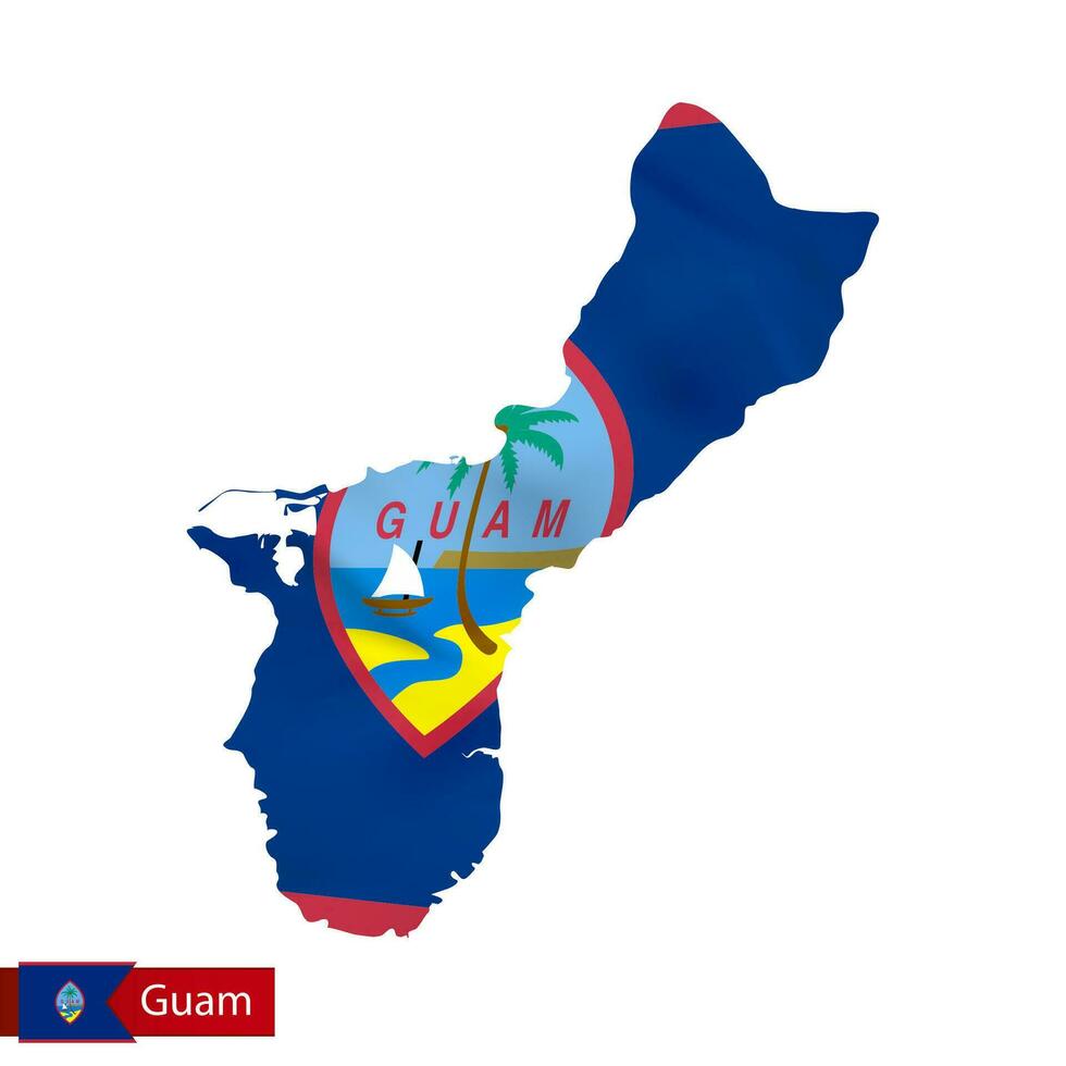 Guam map with waving flag of country. vector