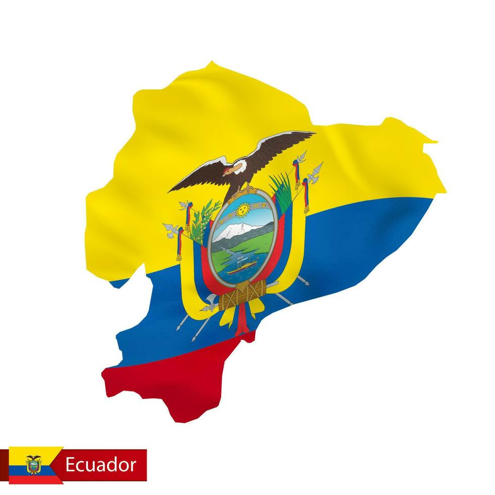 Ecuador map with waving flag of country. vector