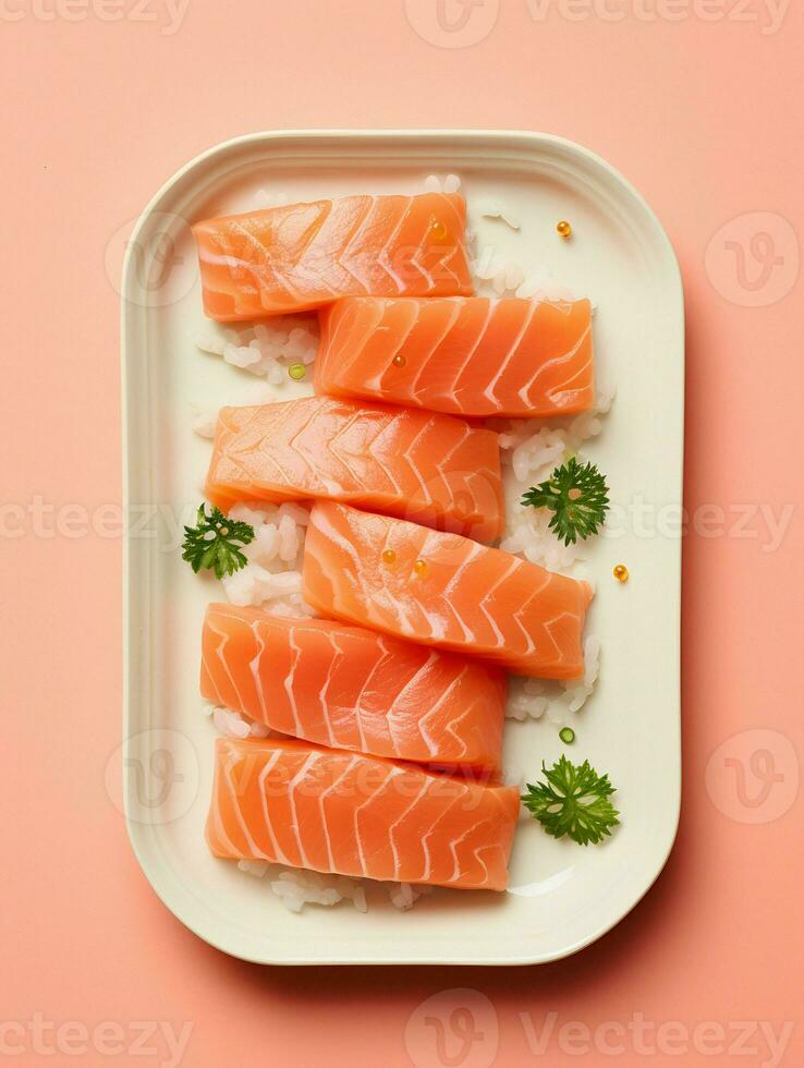 salmón filetes en un plato en un rosado antecedentes ai generativo foto