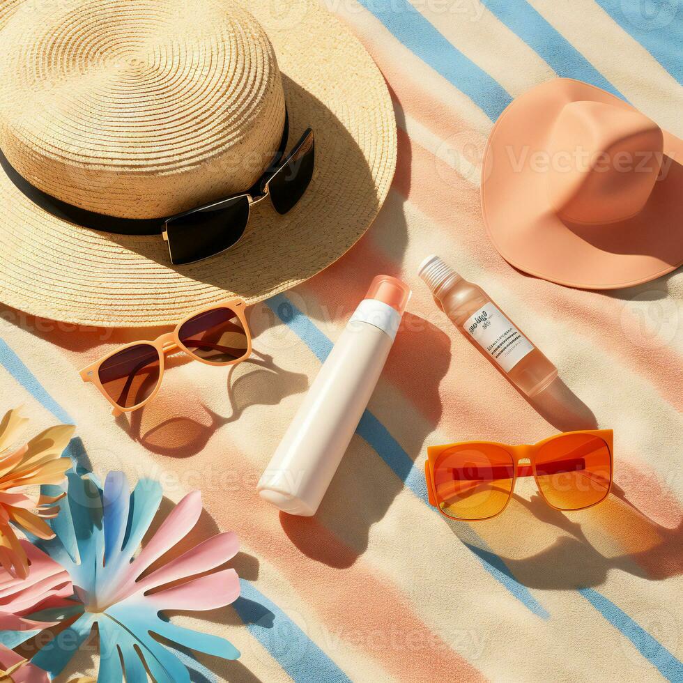 sunscreen, hat, sunglasses, and other items on a beach towel AI Generative photo