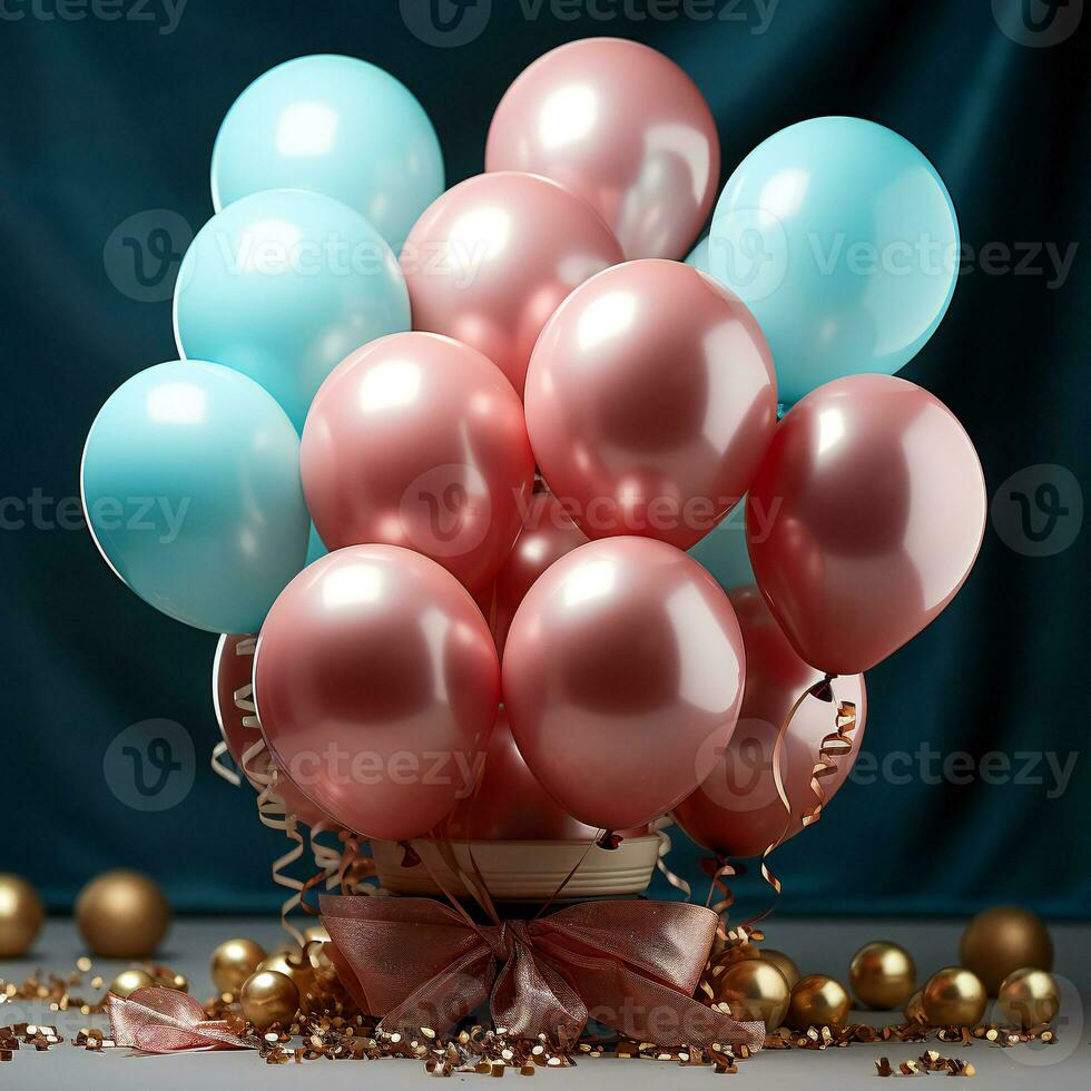 un ramo de flores de rosado y azul globos sentado en un mesa ai generativo foto