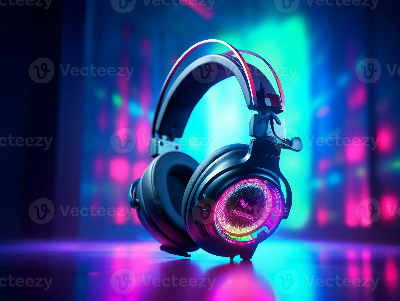 headphones on a dark background with colorful lights AI Generative photo