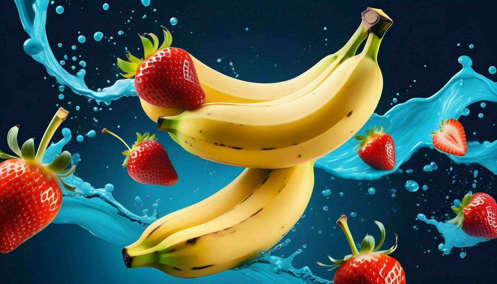 Bananas  strawberries and bananas in blue water on a blue background photo