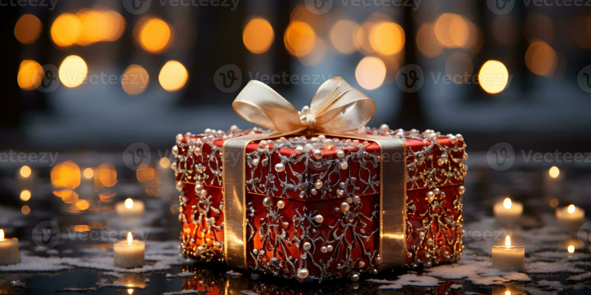 Christmas red gift box with decoration on blurred glowing lights background. Festive banner styled composition. photo