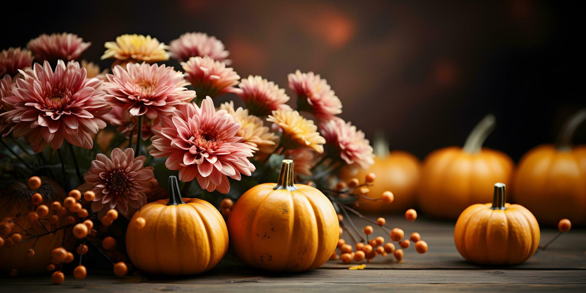 Festive autumn decoration with pumpkins, flowers and fall leaves. Thanksgiving day or Halloween banner concept. photo