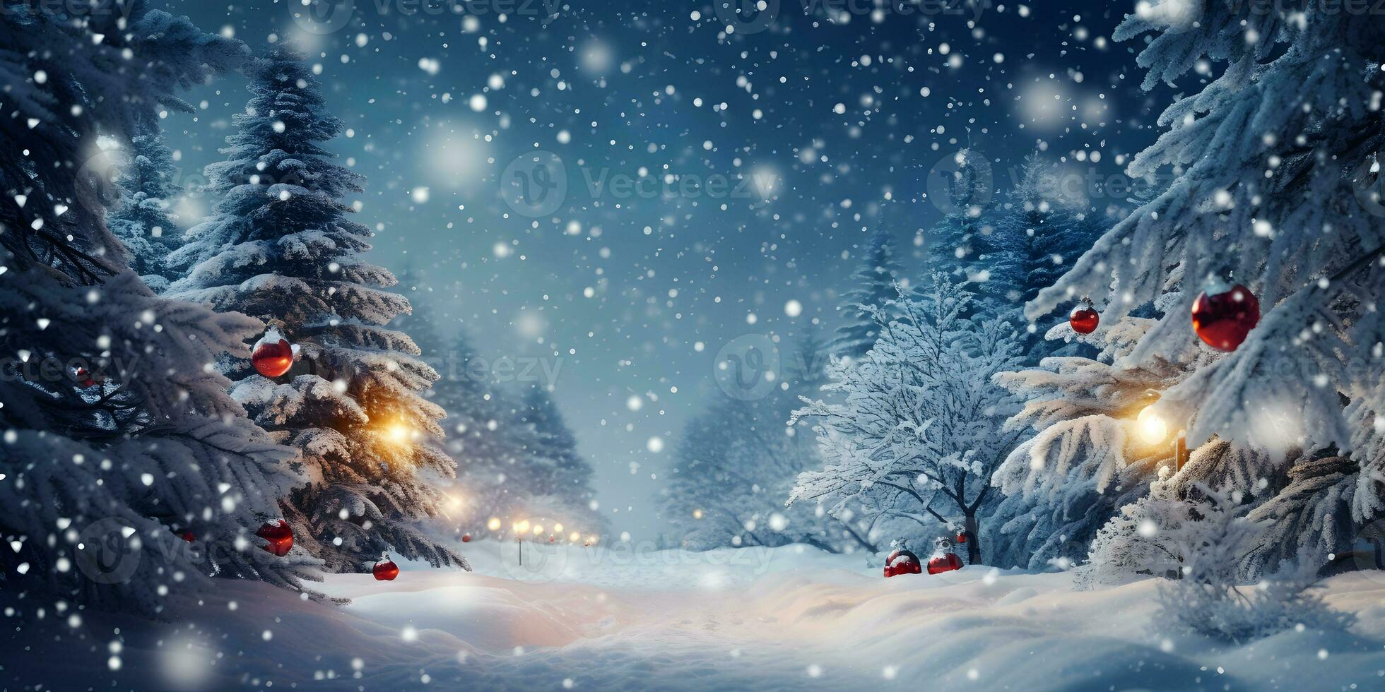 Winter snow evening landscape with decorated christmas trees in the forest. photo
