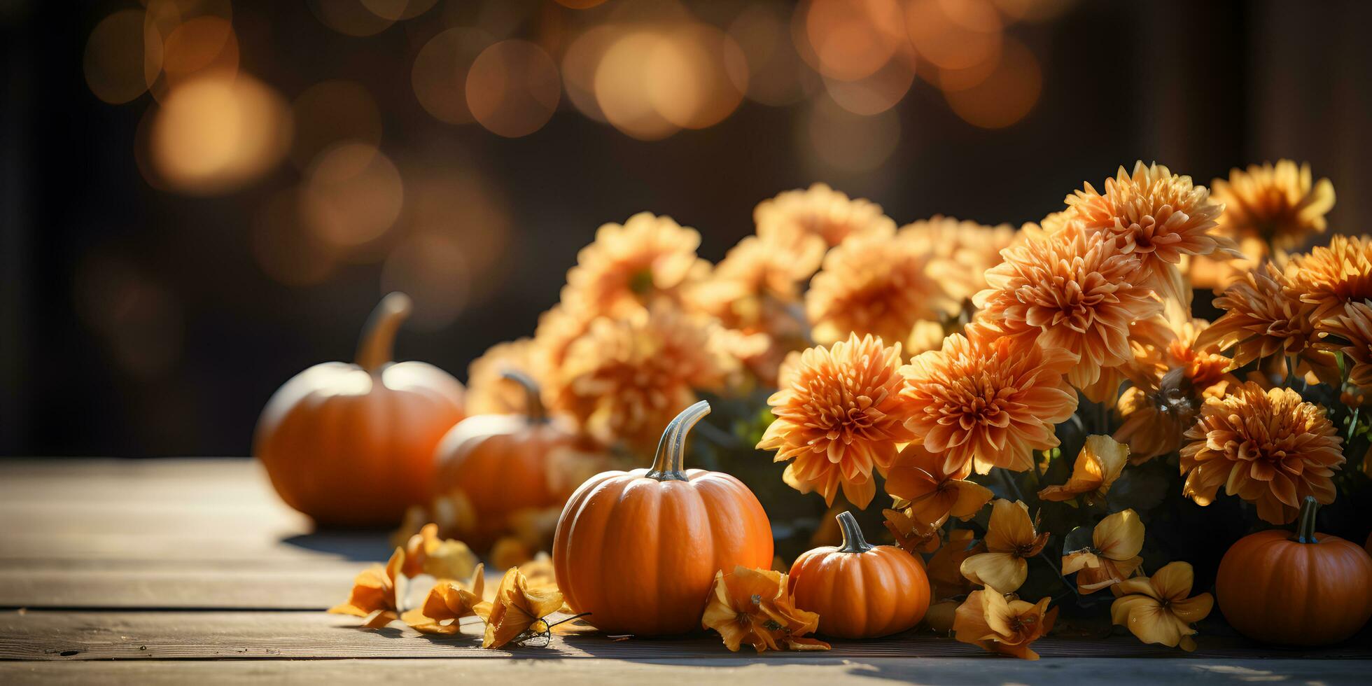 Festive autumn decoration with pumpkins, flowers and fall leaves. Thanksgiving day or Halloween banner concept. photo