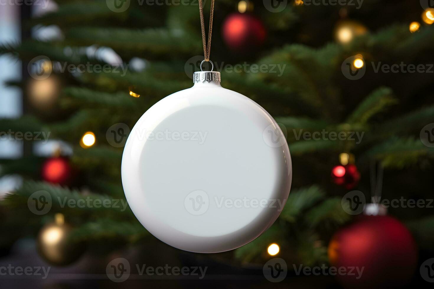 Christmas white glossy round bauble ornament on christmas tree with decoration and blurred bokeh lights background. photo