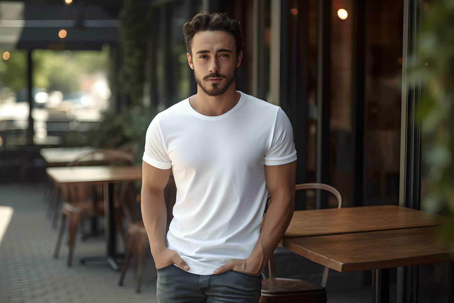 Young man wearing bella canvas white t shirt and jeans, at a cozy restaurant on summers day. Design tshirt template, print presentation mockup. Ai generated. photo