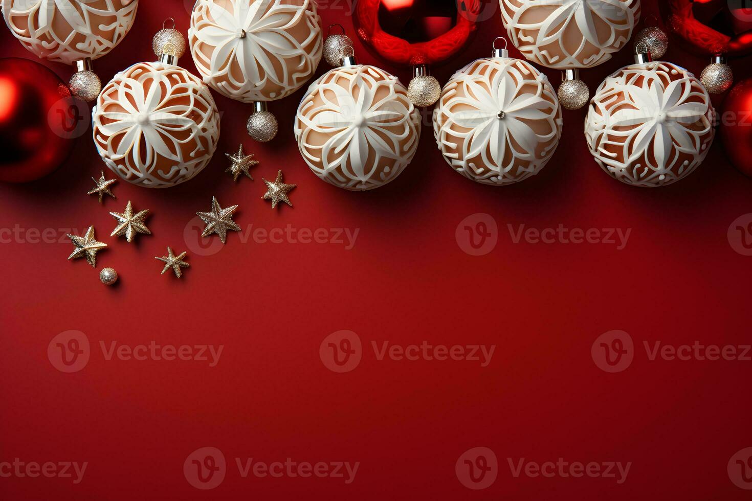 Christmas flat lay mockup with white balls and gold stars baubles decoration on red background with copy space. Top view of winter holiday concept composition. photo