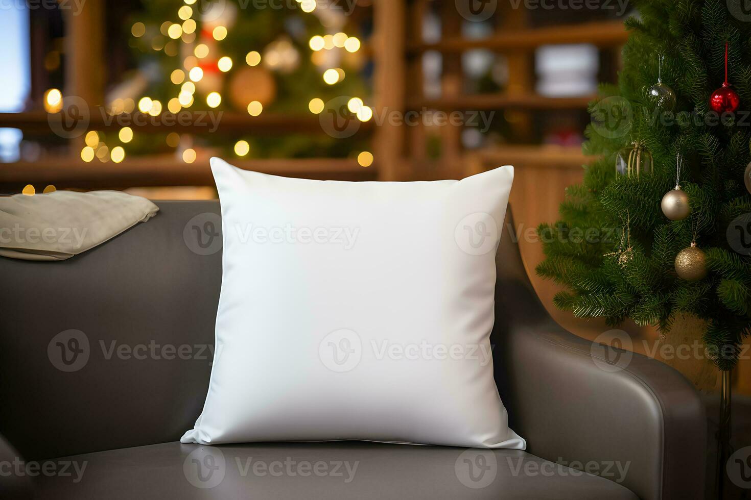 Blank white pillow mockup on black leather sofa with christmas tree and lights bokeh background. Holiday template composition with decoration. Copy space. photo