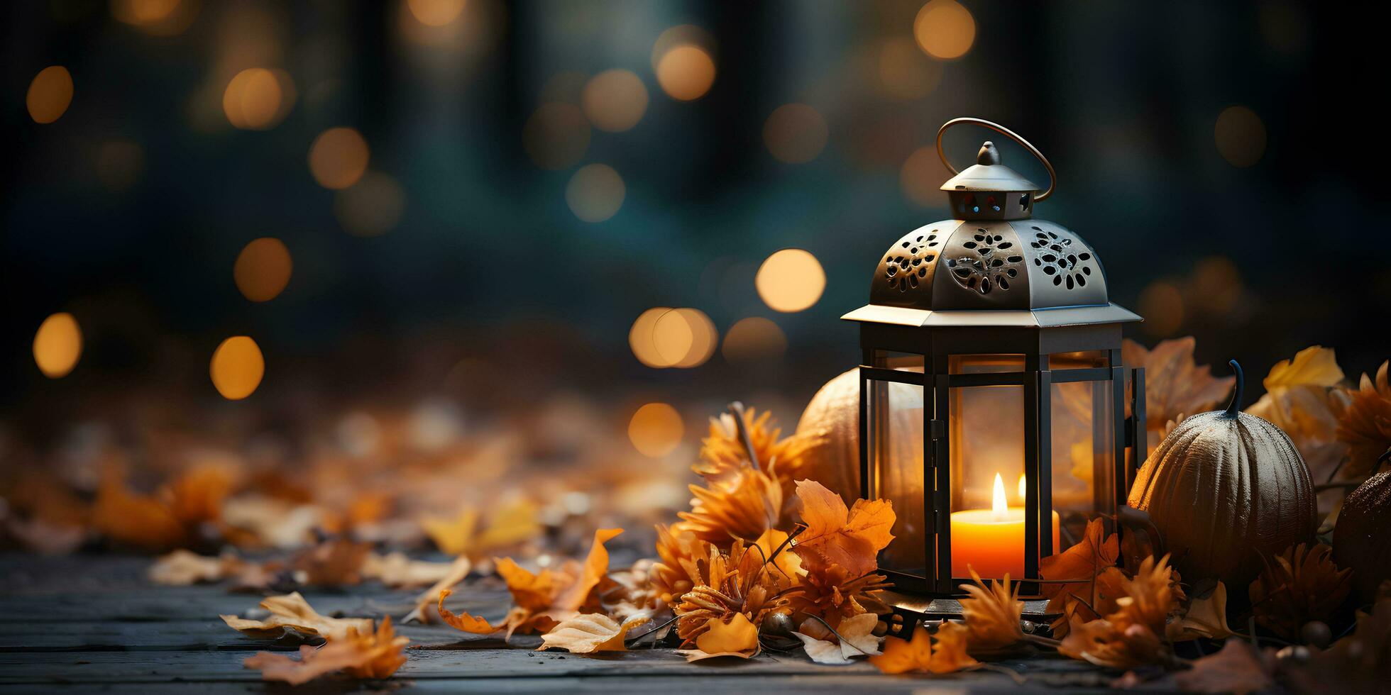 Festive autumn lantern decoration with pumpkins, flowers and fall leaves. Thanksgiving day or Halloween banner concept. photo