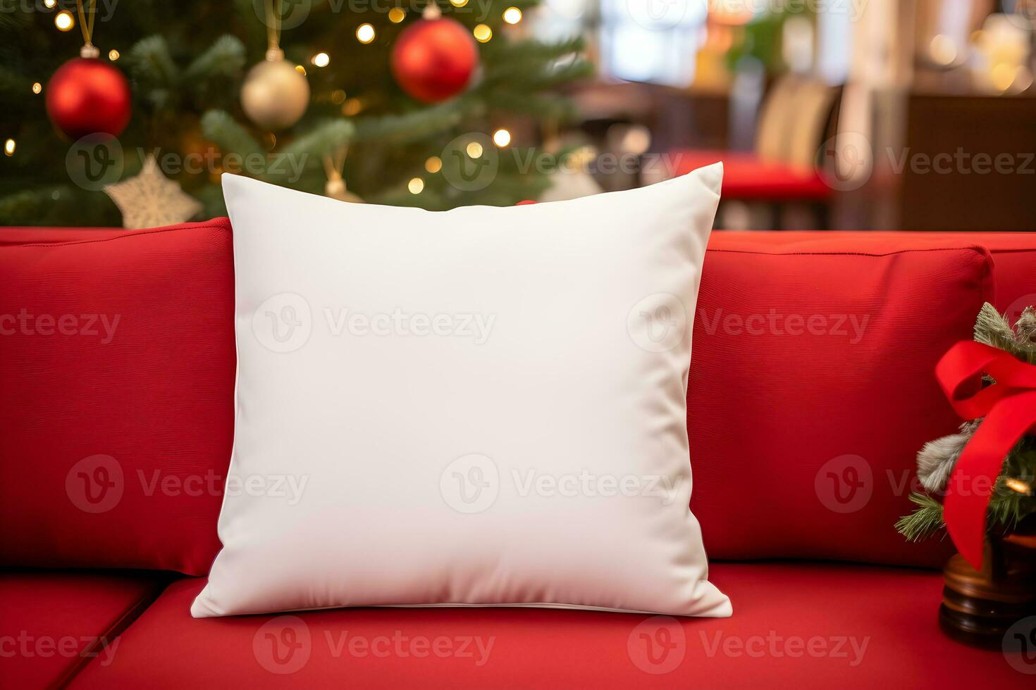 Blank white pillow mockup on red sofa with christmas tree and lights bokeh background. Holiday template composition with decoration. Copy space. photo