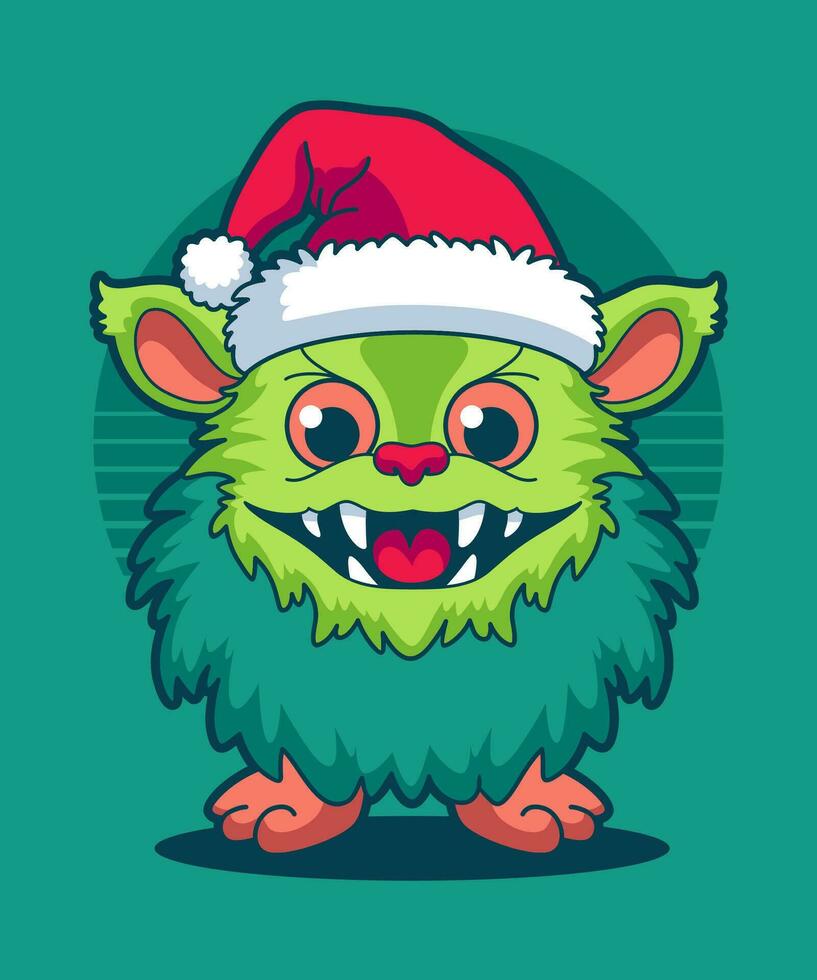 Christmas Monster Wearing Santa Claus Hat 10. Cartoon Illustration Style. vector