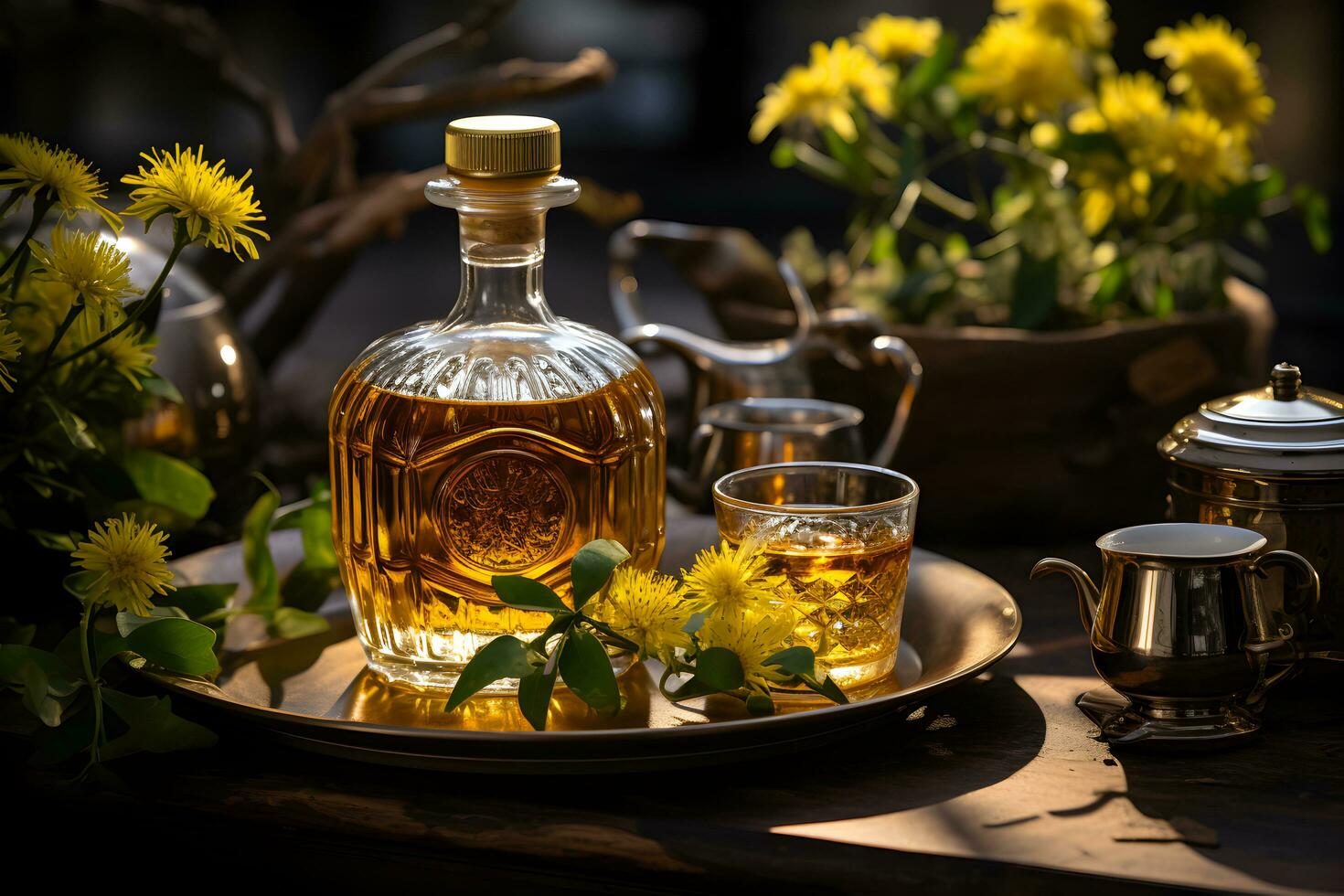 Cup of aromatic linden tea with fresh flowers on the table. Organic and natural, herbal hot healthy beverage. AI generated photo