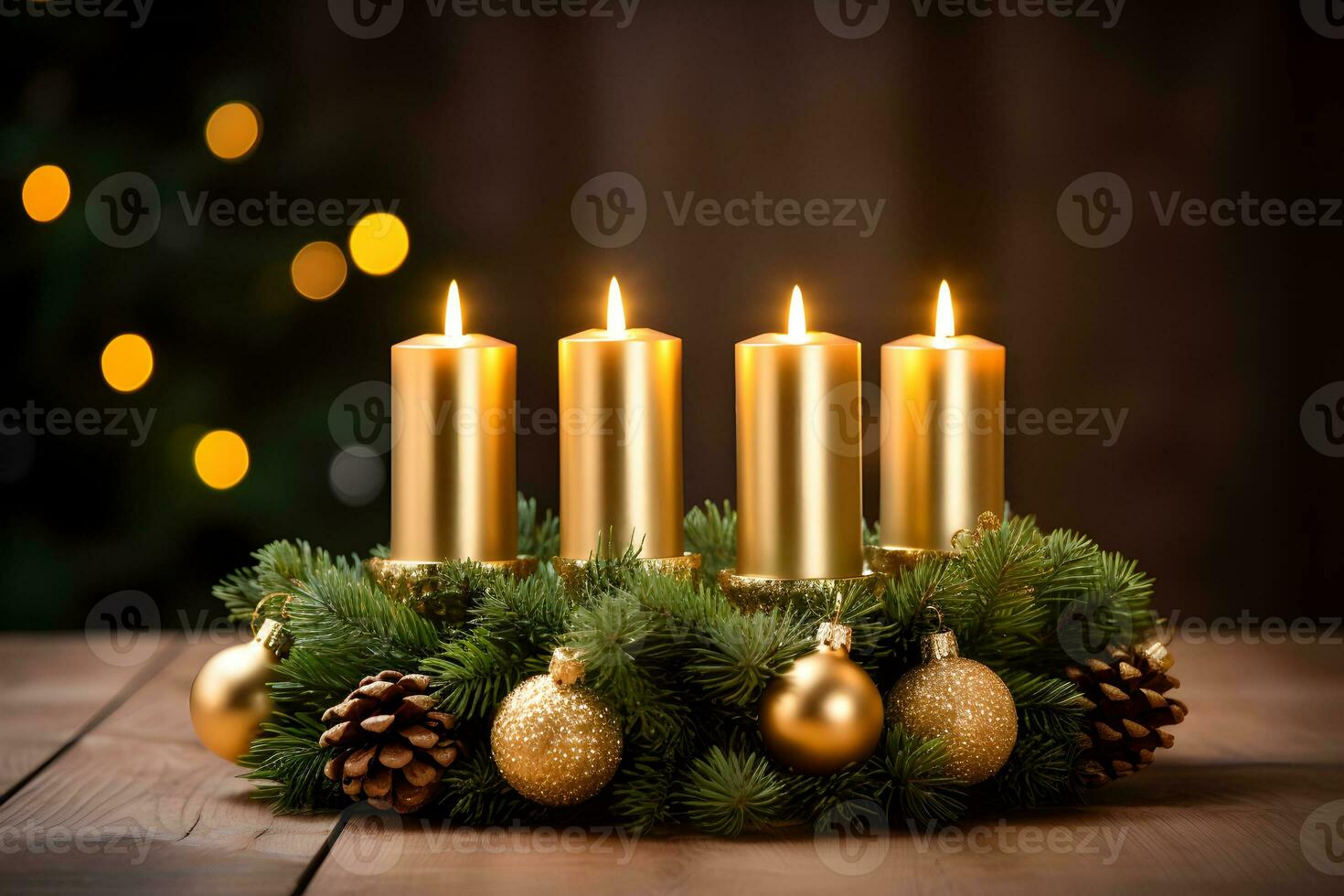 Four gold burning candles with baubles for german advent season. Christmas wreath decoration on dark background. photo
