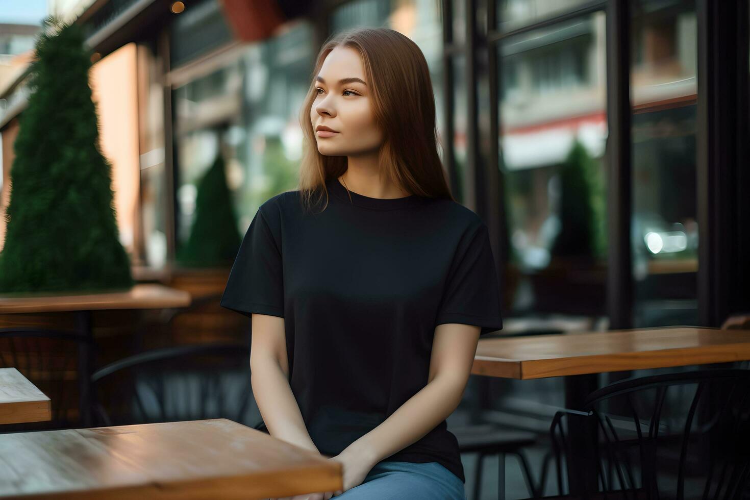 Young woman wearing bella canvas black t shirt and jeans, at a cozy restaurant on summers day. Design tshirt template, print presentation mockup. Ai generated. photo