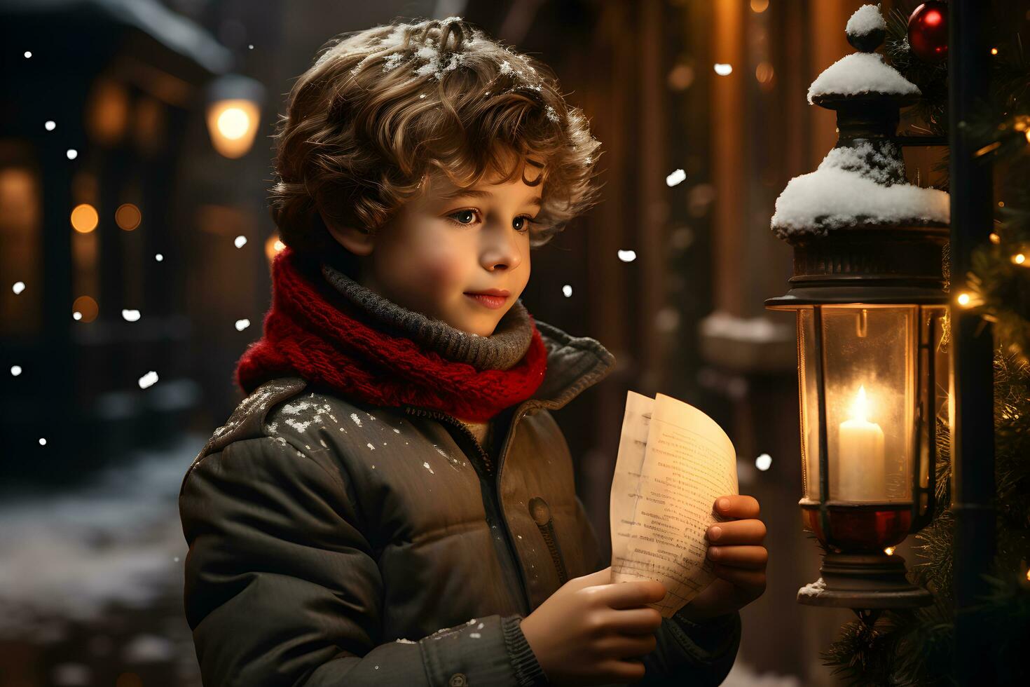 A little boy send a letter to Santa Claus in the christmas mailbox. Winter tradition surrounded by snowflakes. photo