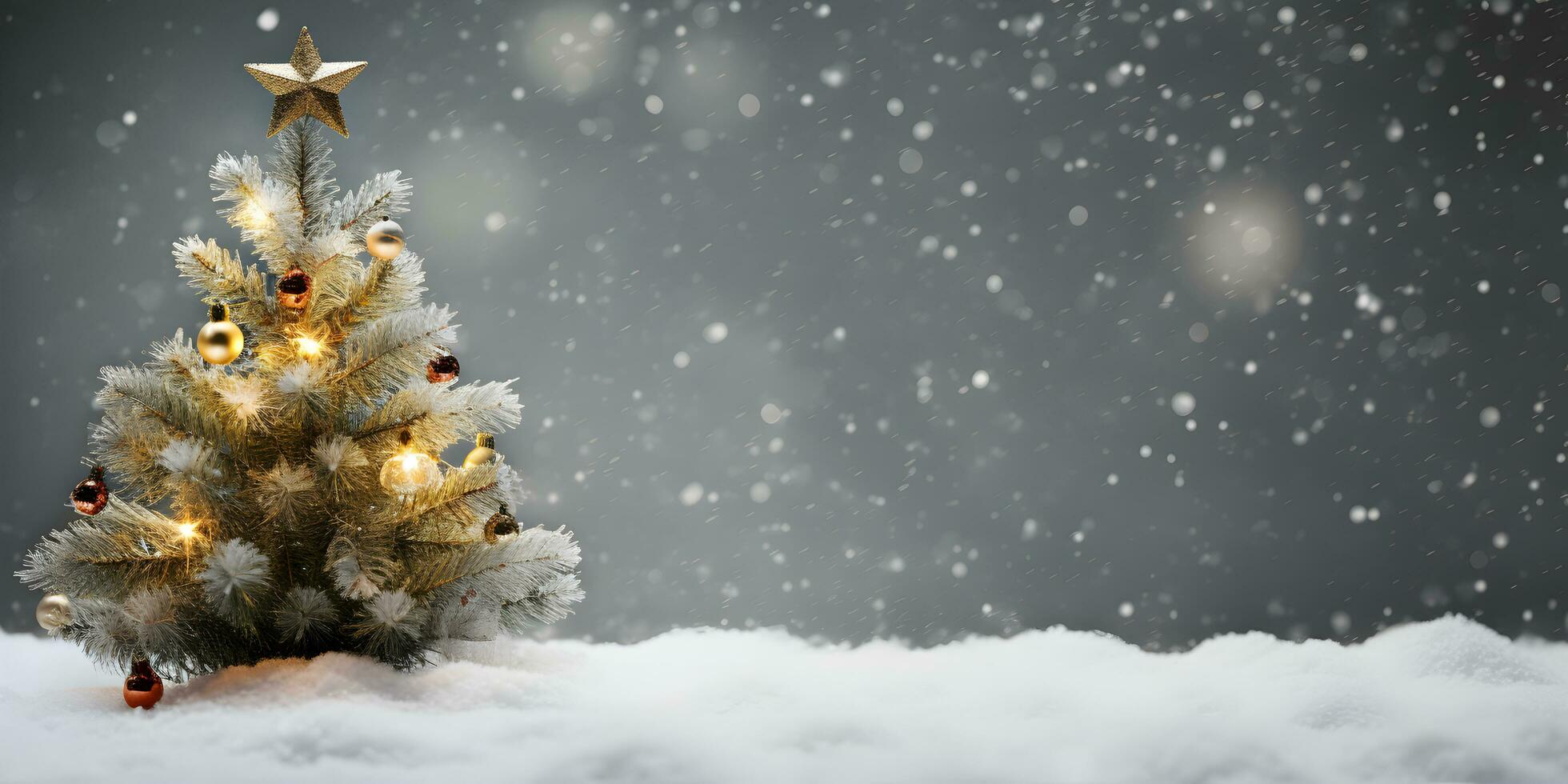 Decorated christmas tree background with snow. Winter snowfall evening landscape with copy space. AI generated photo