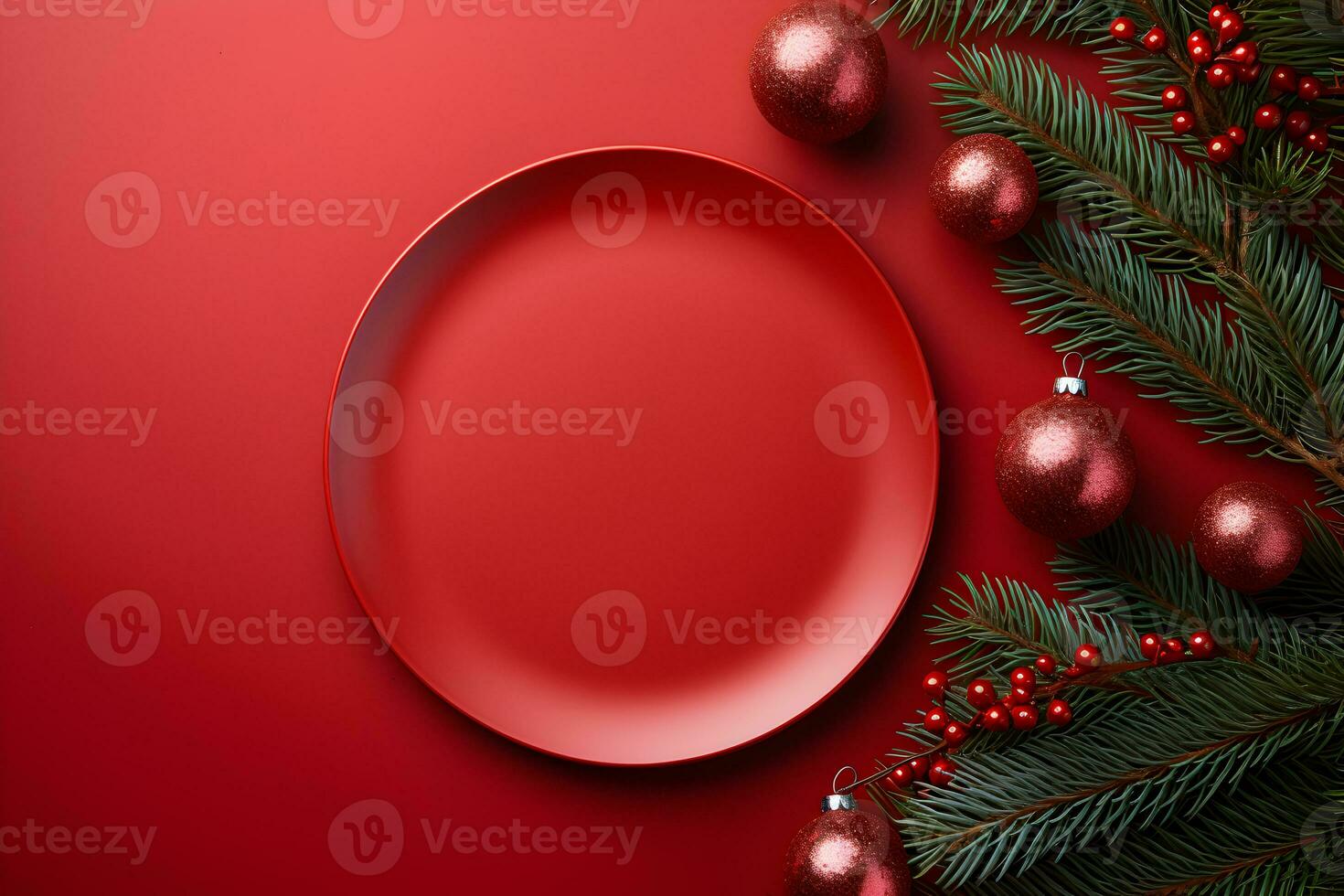 Christmas round blank plate mockup with pine tree branches and decoration on red background. Top view of empty signboard flat lay with decor and copy space. photo