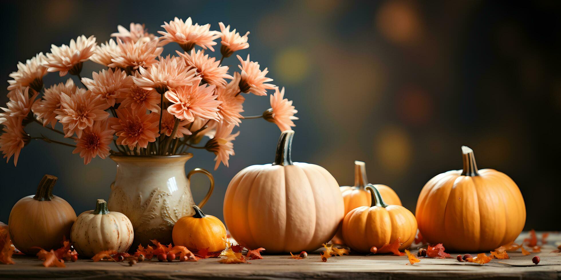 Festive autumn decoration with pumpkins, flowers and fall leaves. Thanksgiving day or Halloween banner concept. photo