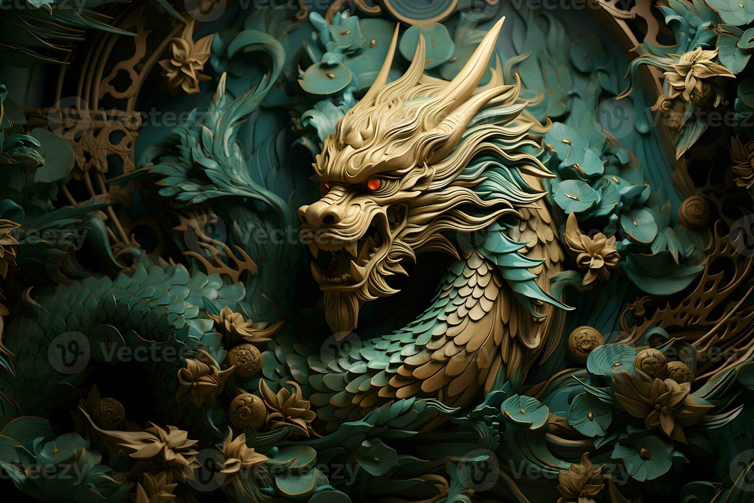 Chinese green and gold wooden texture dragon statue with flowers. Asian culture symbol of 2024 new year concept. photo