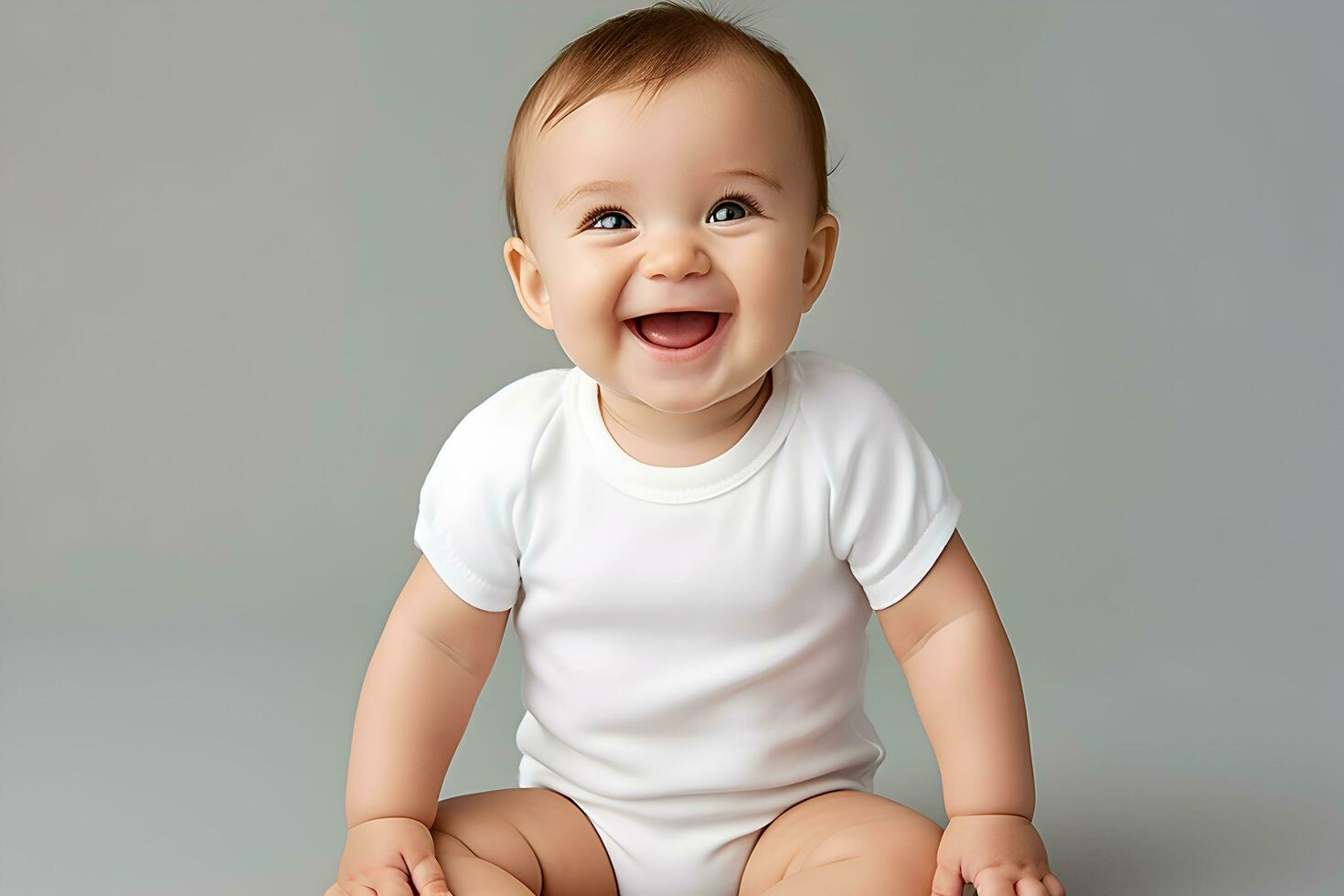 bebé vistiendo blanco camisa traje Bosquejo, a gris antecedentes. diseño mono plantilla, impresión presentación Bosquejo. ai generado. foto