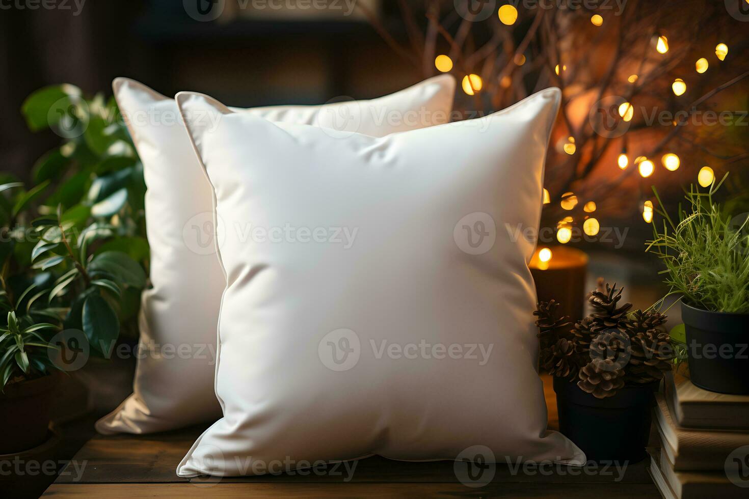 Blank white pillow mockup on wooden bench with house plants and home interior background. Home template composition with decoration. Copy space. photo