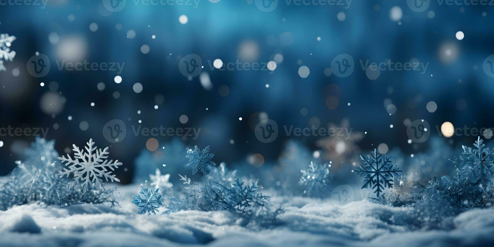 Winter dark banner with snow, snowflakes, beautiful macro shot on the navy blue background with copy space. photo