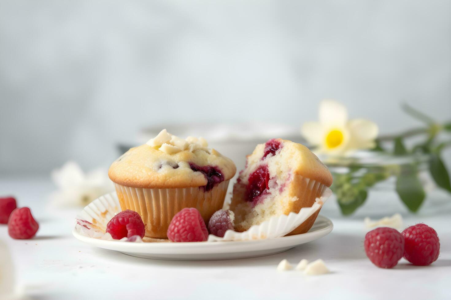 Raspberry muffins with fresh raspberries on a white table, close up, light background. A delicious dessert or breakfast. AI generated. photo