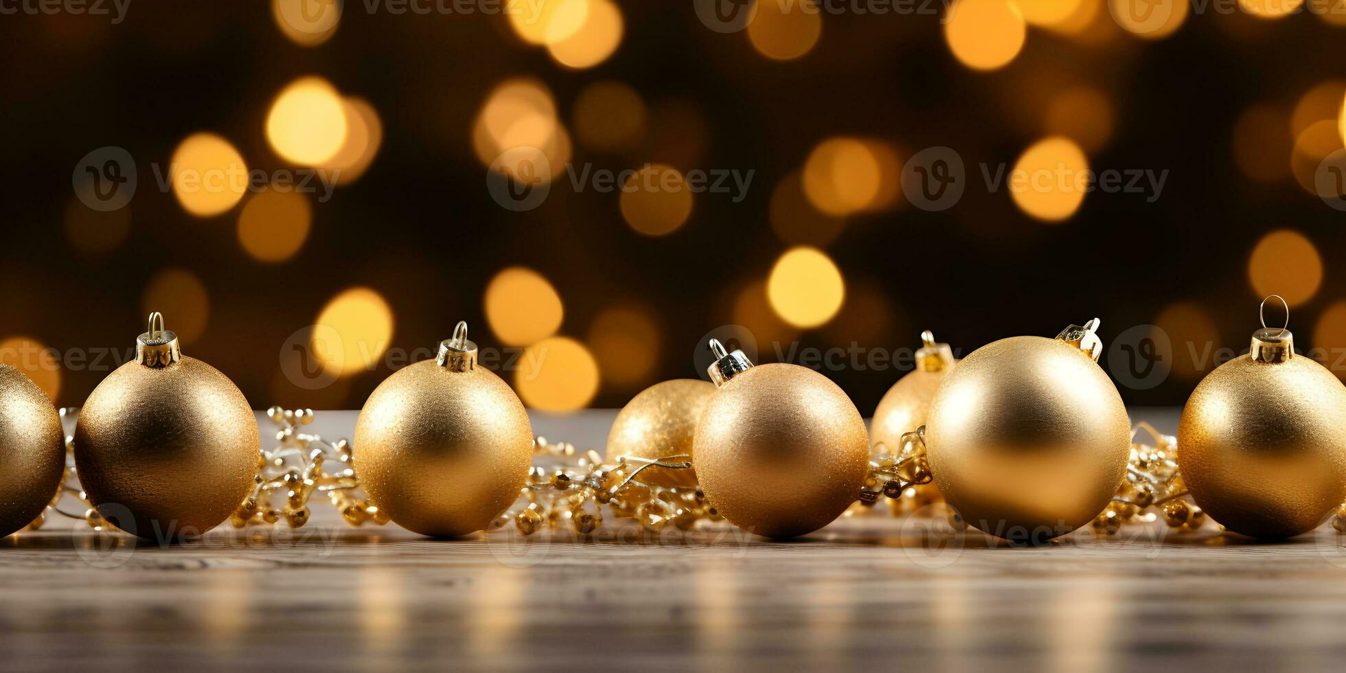 Christmas sparkling gold balls with blurred lights background. Festive banner mockup with creative baubles decoration and copy space. photo