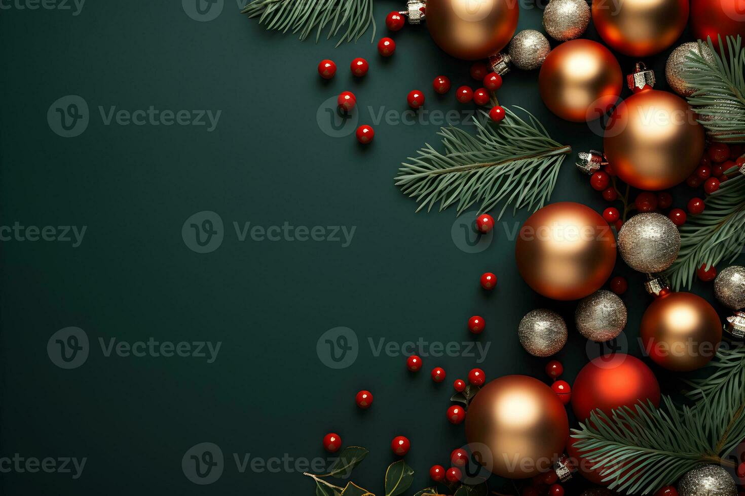 Christmas flat lay mockup with pine tree branches, red and gold balls decoration on dark background with copy space. Top view of winter holiday concept composition. photo