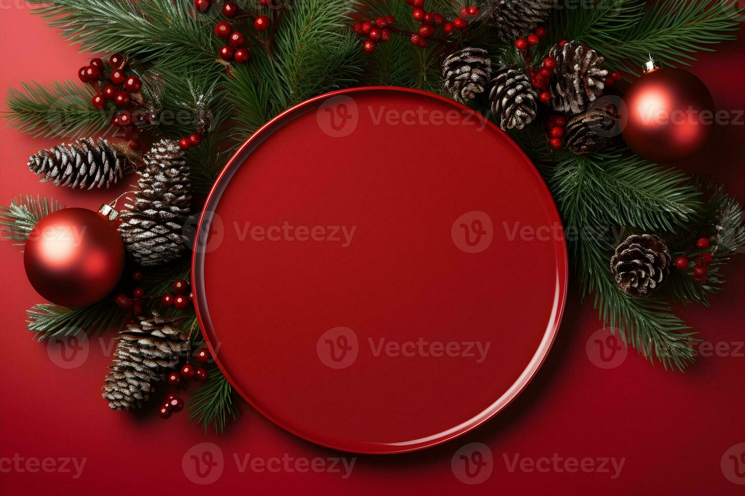 Christmas round blank plate mockup with pine tree branches and decoration on red background. Top view of empty sign board flat lay with festive decor and copy space. photo