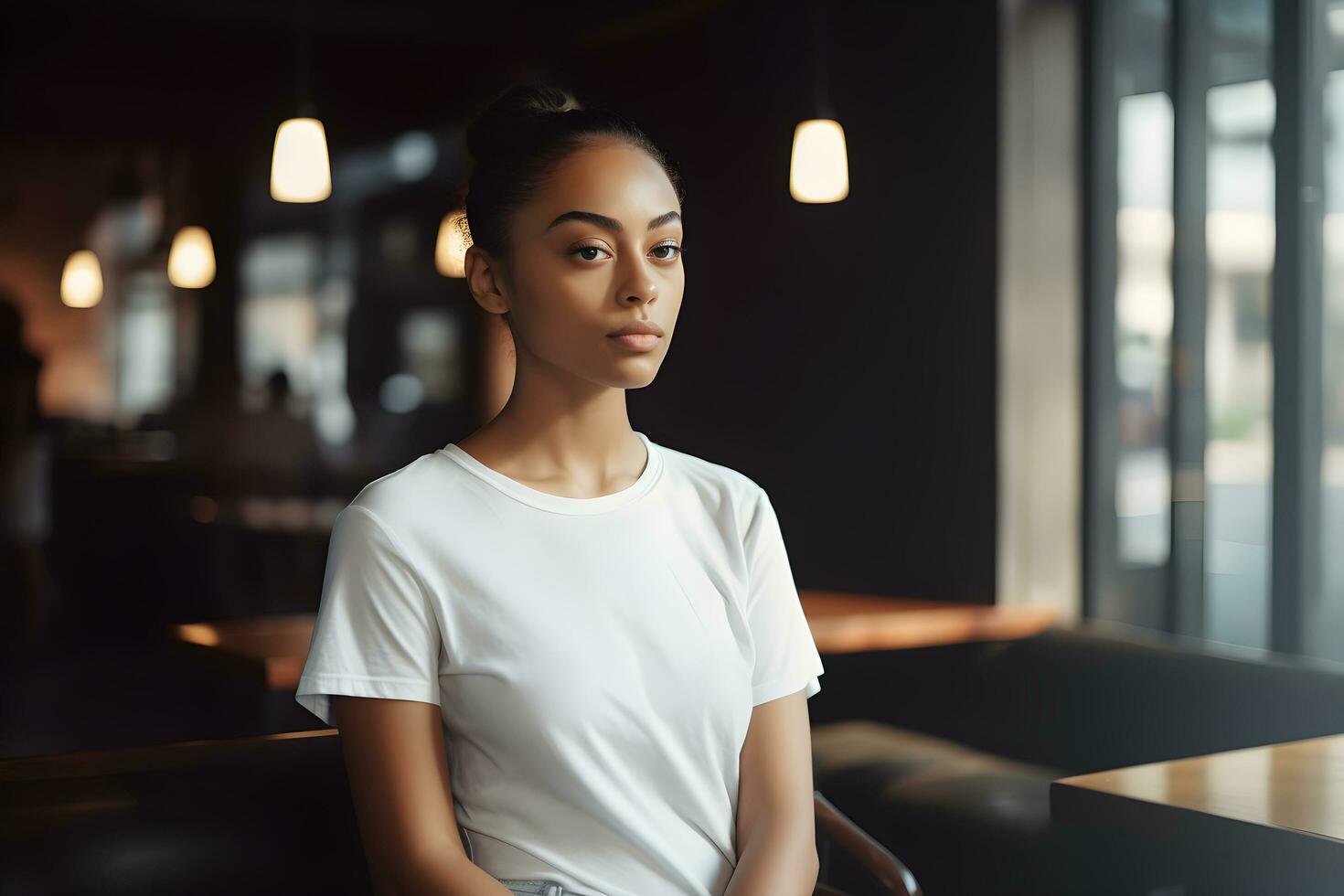 Young woman wearing bella canvas white t shirt and jeans, at a cozy restaurant on summers day. Design tshirt template, print presentation mockup. Ai generated. photo