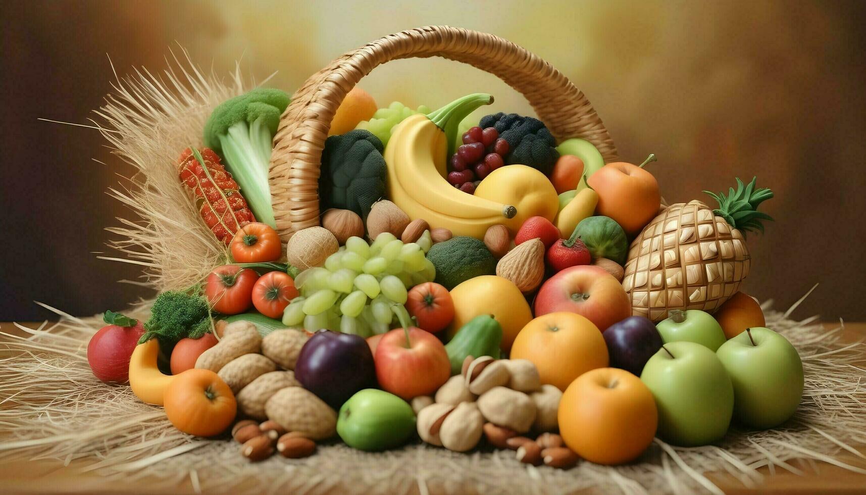 A realistic still life painting of a cornucopia made of woven straw photo