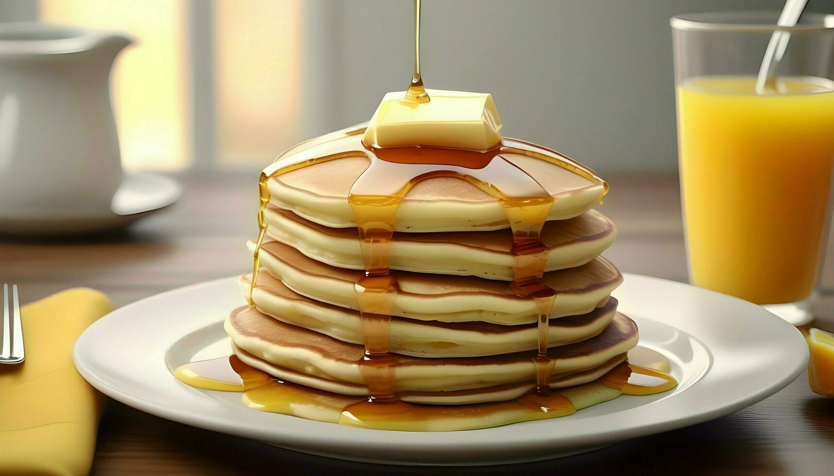 A delicious breakfast of fluffy pancakes stacked high on a plate photo