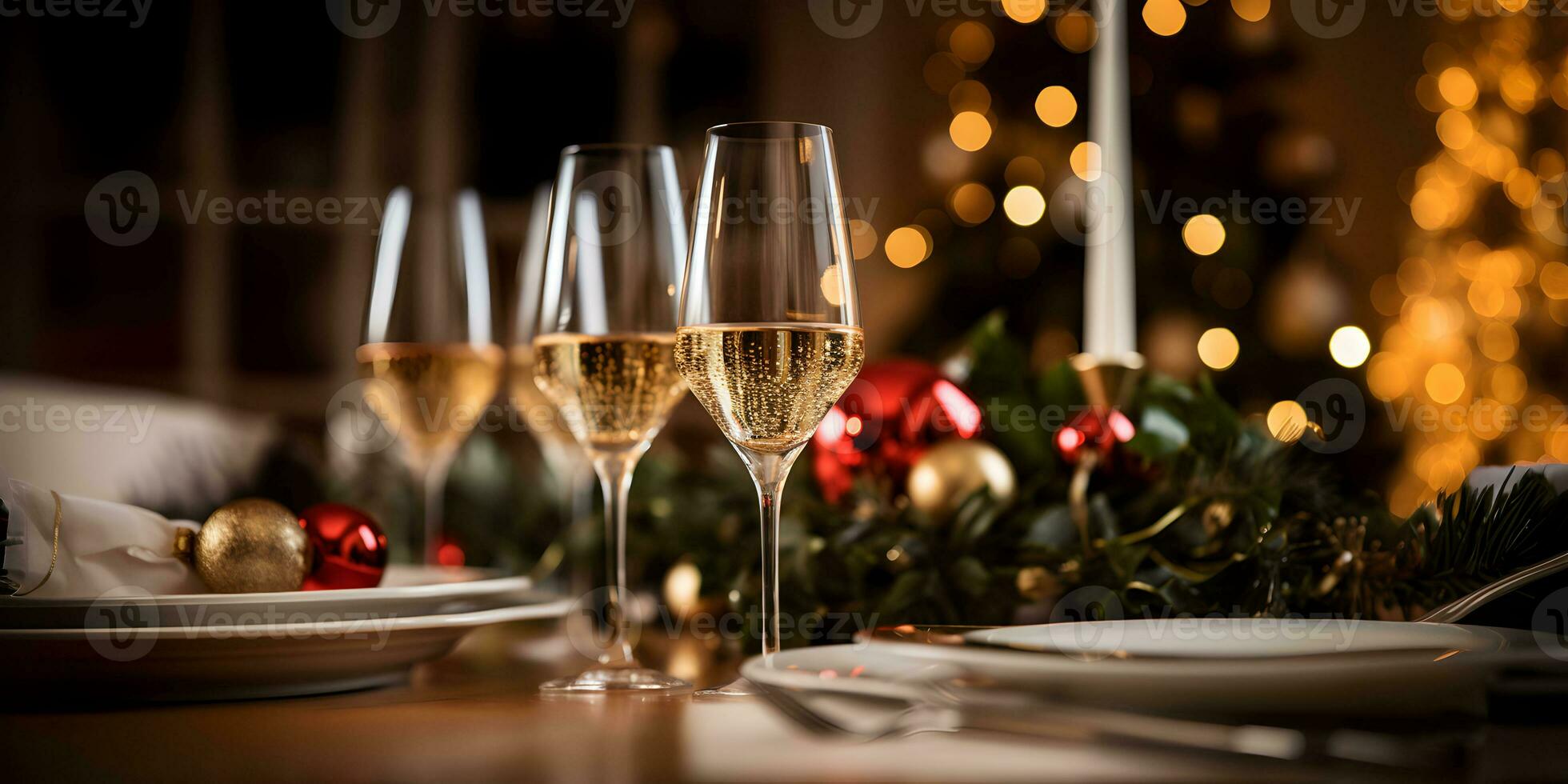 Champagne glasses on festive table with gold glowing bokeh background. Celebration background banner with sparkling wine. photo