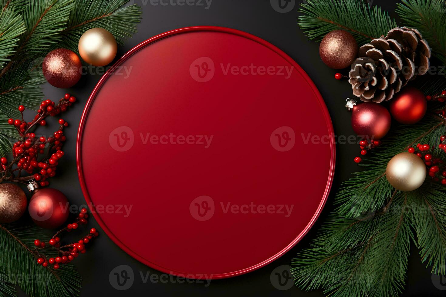 Christmas red round blank plate mockup with pine tree branches and decoration on dark background. Top view of empty sign board flat lay with xmas decor and copy space. photo