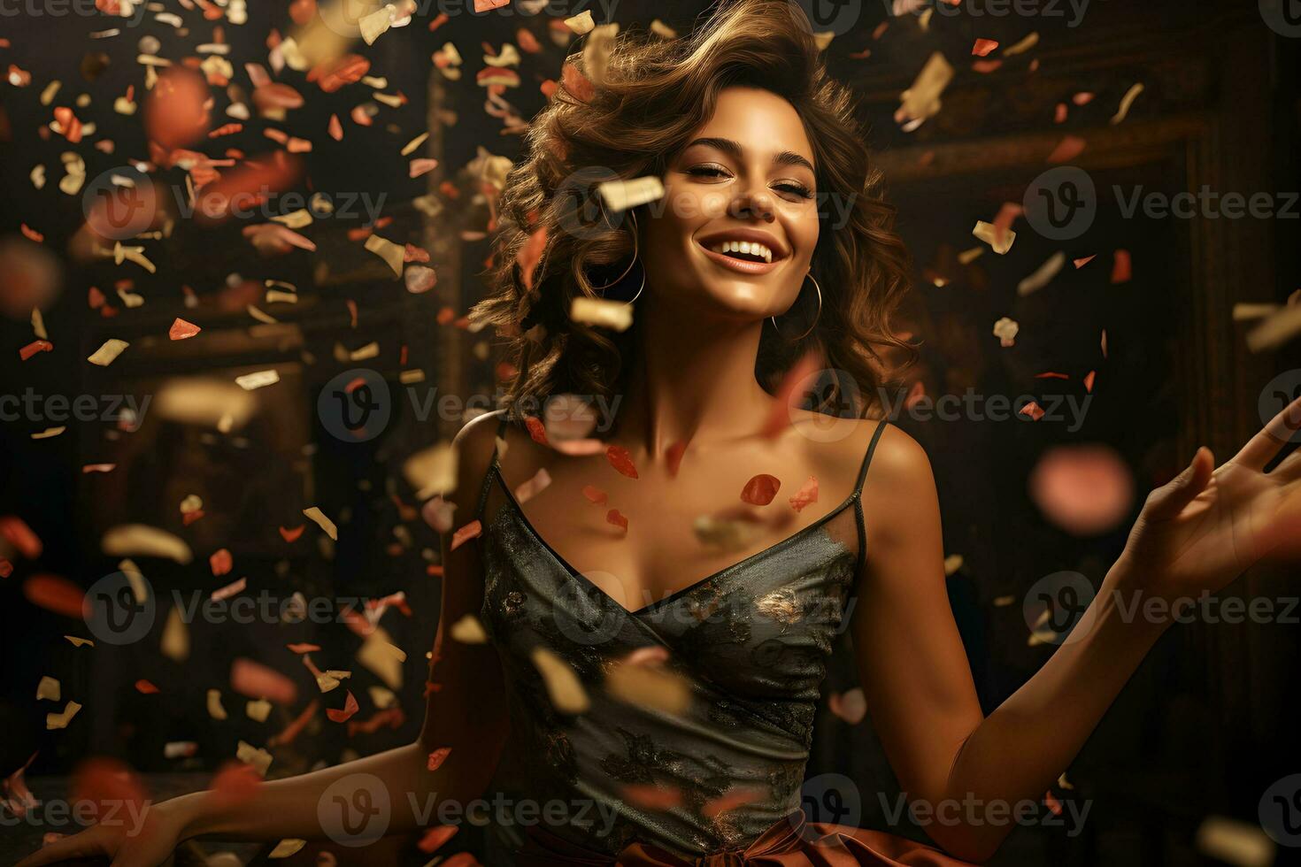 Young woman dancing under festive confetti, close up portrait. Happy glamorous new years eve celebration, birthday or party concept. photo
