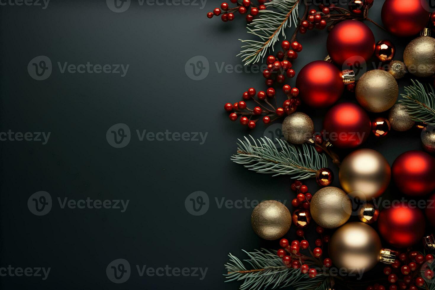 Christmas flat lay mockup with fir tree branches, red and gold balls decoration on dark background with copy space. Top view of winter holiday concept composition. photo