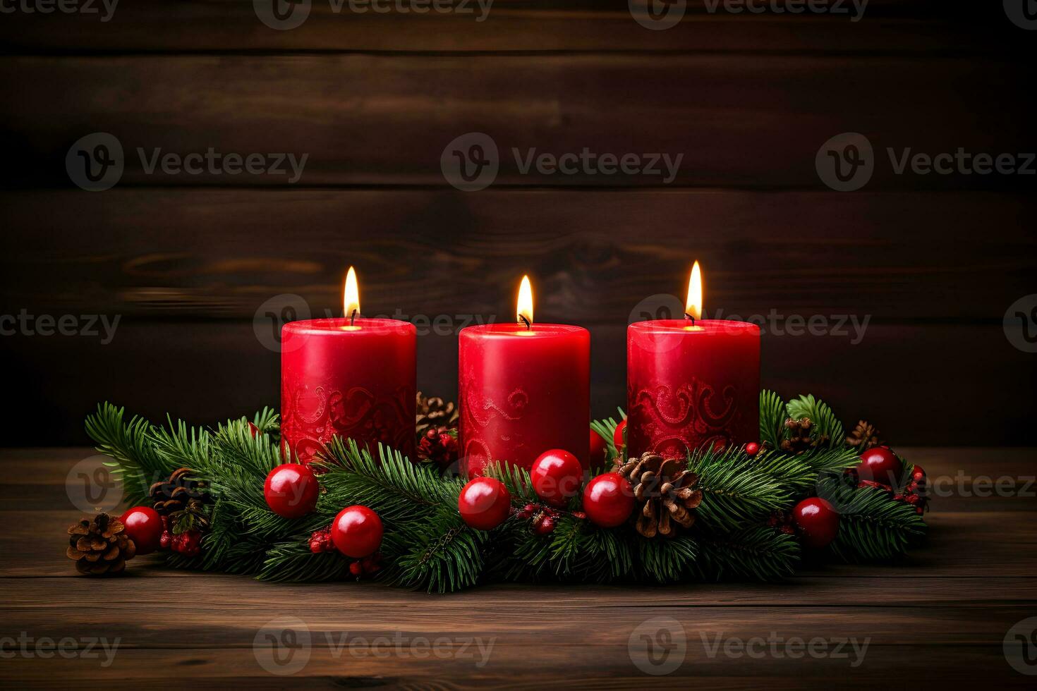 Three red burning candles for german advent season. Christmas wreath decoration on dark wooden background. photo