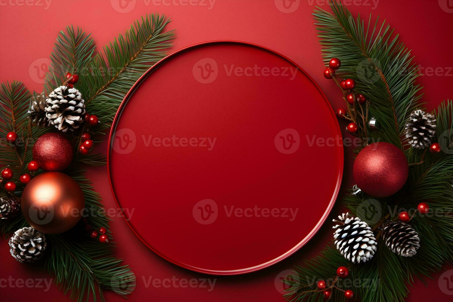 Christmas round blank plate mockup with pine tree branches and decoration on red background. Top view of empty sign board flat lay with xmas decor and copy space. photo